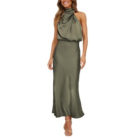 Famulily Womens Wedding Guest Dress Satin Maxi Sleeveless Halter Neck Dresses for Women Gala Party Dresses Army Green S
