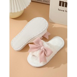 Verdusa Women's Cute Bow Fuzzy Open Toe Indoor Home Slippers Furry Outdoor Slippers White Pink 8.5