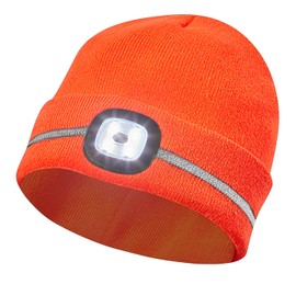 Gebol LED Hood Orange | Headlamp on Knitted Hat | Beanie with Reflective Strips | USB Port for Charging | 60 Minutes Light Time | 4 Light Levels | Unisex | Orange | Pack of 1