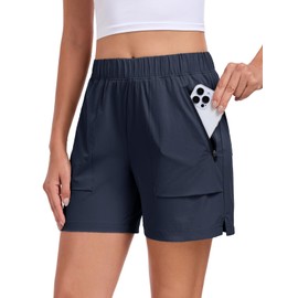Nomolen Womens Quick Dry Hiking Shorts, Lightweight Athletic 5 inch Shorts for Women Cargo Shorts with Zipper Pockets, Blue, Large