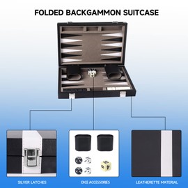 GSE Premium Leather Backgammon Board Game Set, Classic Backgammon Game Set with Leather Case, Travel Folding Board Game (Black&Grey, Small)