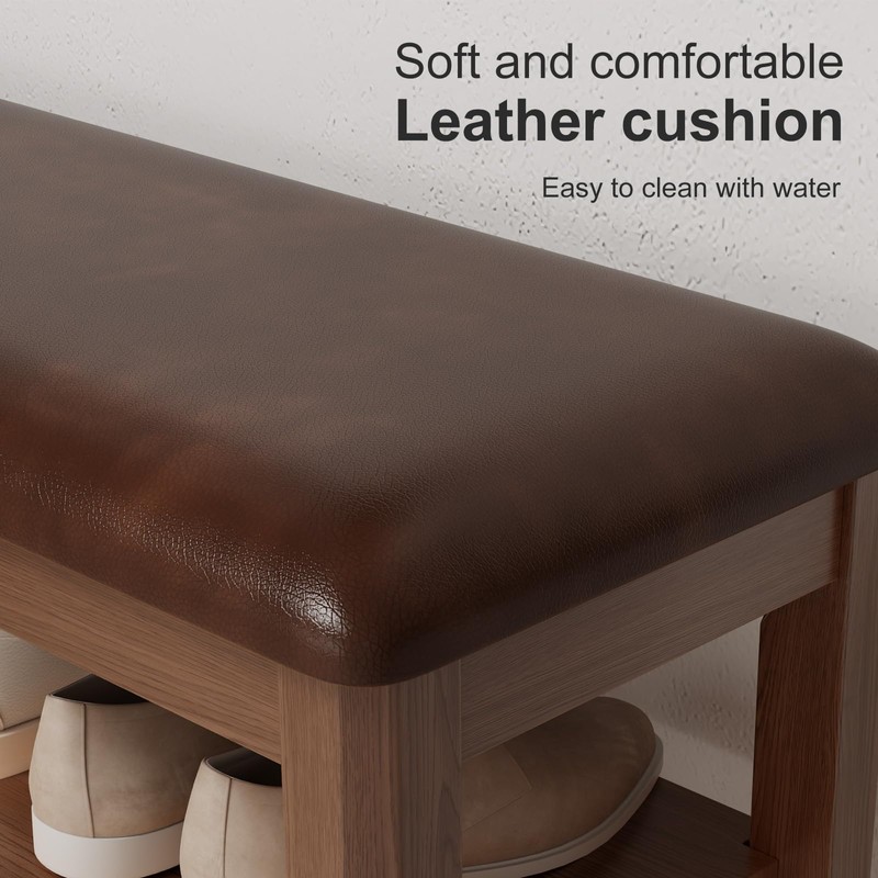 AQIMUELE Shoe Bench with Leather Cushion, 3 Tiers Shoe Storage