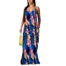 BOGURST Summer Dresses for Women 2024 Trendy Maxi Dress Summer Spaghetti Strap Vacation Outfits for Women Navy S
