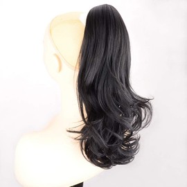 DIGUAN 13 Inches Ombre Claw Clip In Wavy Loose curly Synthetic Wrap Around Ponytail Extensions Short Pony Tail Clip In Extensions for Women Girl 4oz/115g (Natural Black)