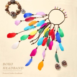 Fashband Indian Feather Headband Boho Rainbow Tassel Hippie Headpiece Tribal Headpiece Beads Festival Party Headwear Hair Accessories for Women and Girls (A)
