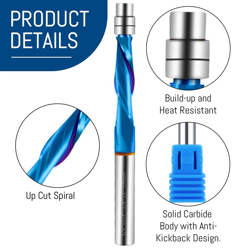 LudoPam Downcut Spiral Flush Trim Router Bit,1/4 Shank Carbide Spiral