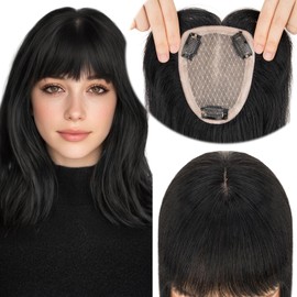Elailite Hair Toppers for Women Real Human Hair Topper with Bangs Thinning Thin 9 * 12CM Silk Base Clip in Remy Hairpieces Hand-Tied 16 Inch Jet Black