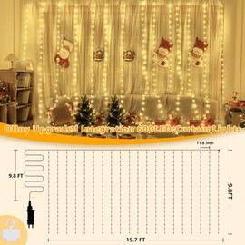 Ollny Curtain Lights 600LED 19.7ft x 9.8ft, IP67 Waterproof Outdoor Curtain Rice Lights with Remote, Plug-in Untangle Rice Curtain Light with 8 Modes 3 Timers for Wall Backdrop Decor(Warm White)