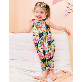 Lindanina Toddler Girls Cute Colorful Cats Jumpsuits Romper Clothes 12-24 Months Summer Outfit Adjustable Tie-Up Strap One Piece Sleeveless Soft Casual Jumper with Pocket Headband Daily Wear
