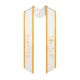 Ovaltag Nurse Graduation LVN Stole 2025 - Graduate Sash Nurses Stoles - Graduation Gift Idea Class of 2025 LVN with Medical logo (White with Gold Trim)
