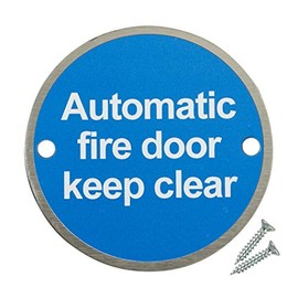 Fire Door Guru® Pack of 10 Automatic Fire Door Keep Clear Sign - 76mm Disc - Stainless Steel Safety Sign - Fixings Included
