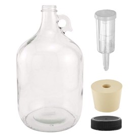 North Mountain Supply - 1G-38-ST-3P-1 1 Gallon Glass Fermenting Jug with Handle, 6.5 Rubber Stopper, 3-Piece Airlock, Black Plastic Lid