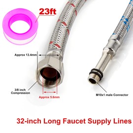 Qaestuan 2 x Connection Hose Fitting G3/8 x M10, Flex Hose 3/8 Inch, Connection Hose 80 cm, Tap Hose Extension, Stainless Steel Reinforced Hose with Sealing Tape for Mixer Tap