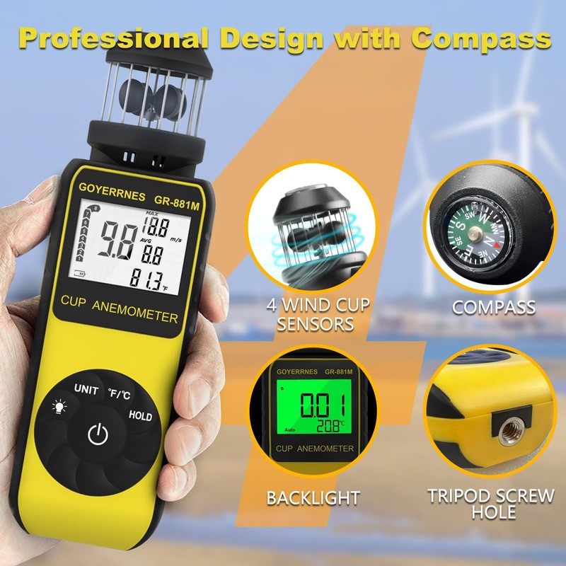 Digital Anemometer Handheld with Wind Cup Anemometer GR-881M Portable Speed