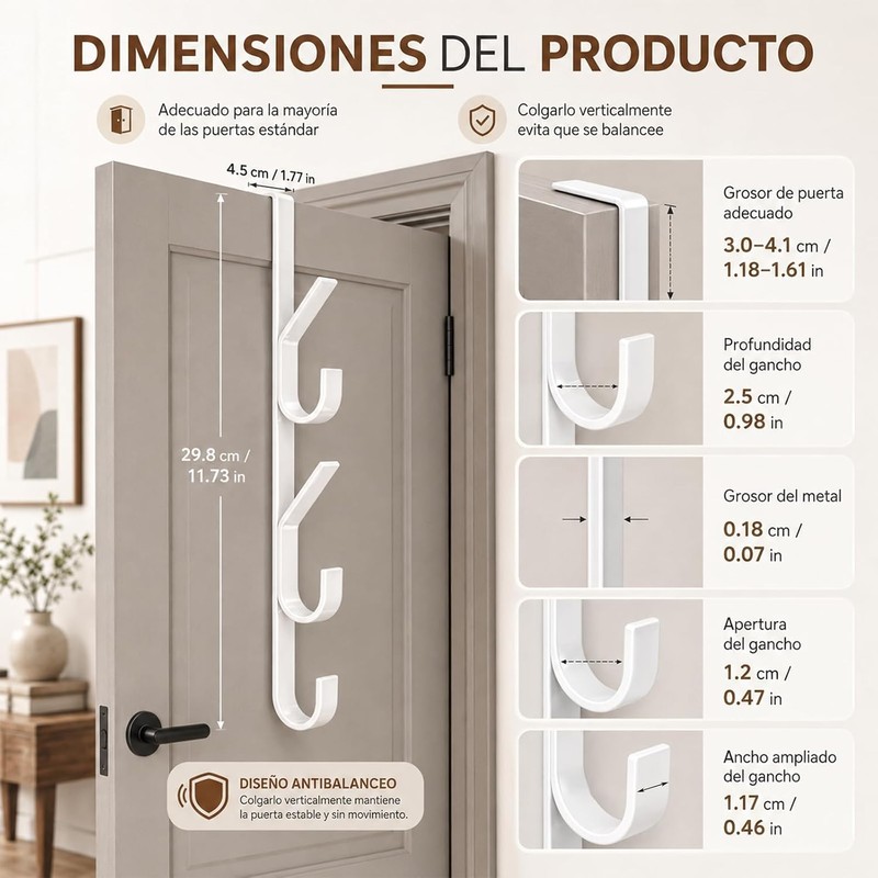 2PCS Perchero para Puerta, Gancho para Puerta, Con 5 Gancho,