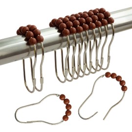 Shower Curtain Hooks Rings Stainless Steel Shower Hooks Colorful Acrylic Roller Balls Rustproof Heavy Duty for Bathroom Curtain(12pcs-Brown)