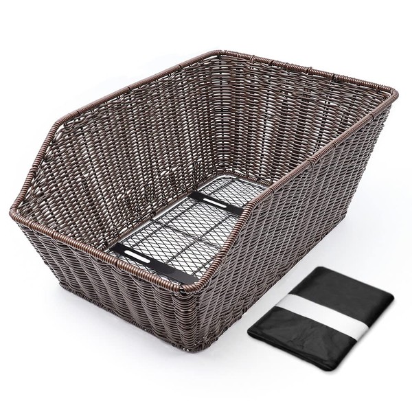ANZOME Bike Basket Rear, Woven Rectangular Bike Basket with Waterproof Cover Mount on The Back Seat Fits for Most Rear Bike Racks