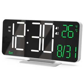 Alarm Clock, KOSUMOSU Digital Clock for Bedroom Table Clock, 6.7 Inch Black Clock, Bedside LED Clock with Dimmer /12/24 Hours/Date/Week/Temperature Dual Alarm for Living Room