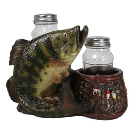 Ebros Gift Nautical Marine Fisherman Sea Bass Fishing With Tackle Box Wicker Saddle Bags Salt and Pepper Shakers Holder Figurine Set for Rustic Cabin Lodge Restaurant Bar Kitchen Decor