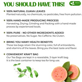 FRESHDRINKUS FreshDrinkUS, Premium 75 Guava Leaf Tea Bags, 100% Natural & Pure from Guava Leaves. Loose Leaf Guava Herbal Tea. Guava Leaf Tea. No Sugar, No Caffeine, No Gluten, Vegan.