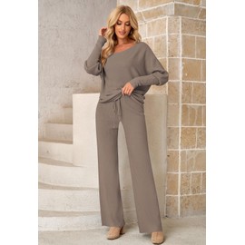 Fixmatti Travel Set Womens Long Sleeve Knit Tops Matching Jogger Pants Sets Mahogany M