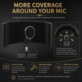 Temgcuam 6-Panel Wraparound Microphone Isolation Shield with Adjustable Stand, Foldable Reflection Filter for Recording, Podcasting, Vocals & Streaming