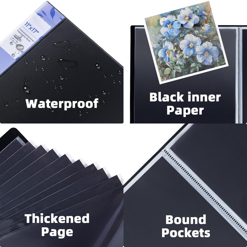 JJRING 11x17 Art Portfolio Folder with Plastic Sleeves, 24-Pocket Portfolio