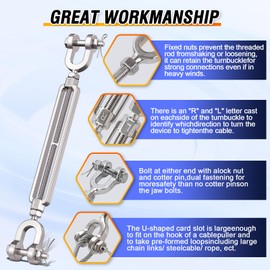 4 Pack 1/4”x4.7” Ultra Durable Jaw and Jaw Turnbuckle, 1600 lbs Working Load Limit, Weather Resistant, 304 Stainless Steel Turnbuckle for Wire Rope Tension, Shade Sail Hardware, Sun Shade Tent