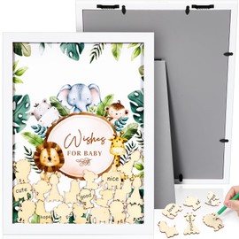 Unittype 71 Pcs 15.8x11.8x0.6inch Baby Shower Guest Book Alternative with 70 Wood Slices Set Baby Shower Decoration Photo Frame Signature Keepsakes for Birthday Table Centerpiece(Green,Animal)