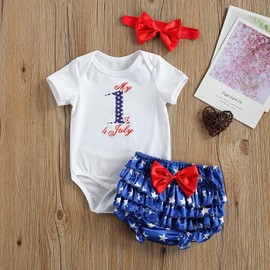 Infant Baby Girl Shorts Outfit Set 4th of July Romper + Bloomer+ Headband Independence Day Summer 3PCS Clothes Sets (My First 4th of July,0-3 Months,)