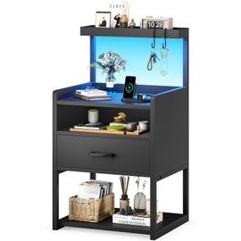 AOGLLATI Nightstand with Charging Station, Nightstand with Drawer and USB Ports, LED Night Stand for Bedroom, Bedside Table with Shelf, End Side Table Easy Assembly Edge Protection