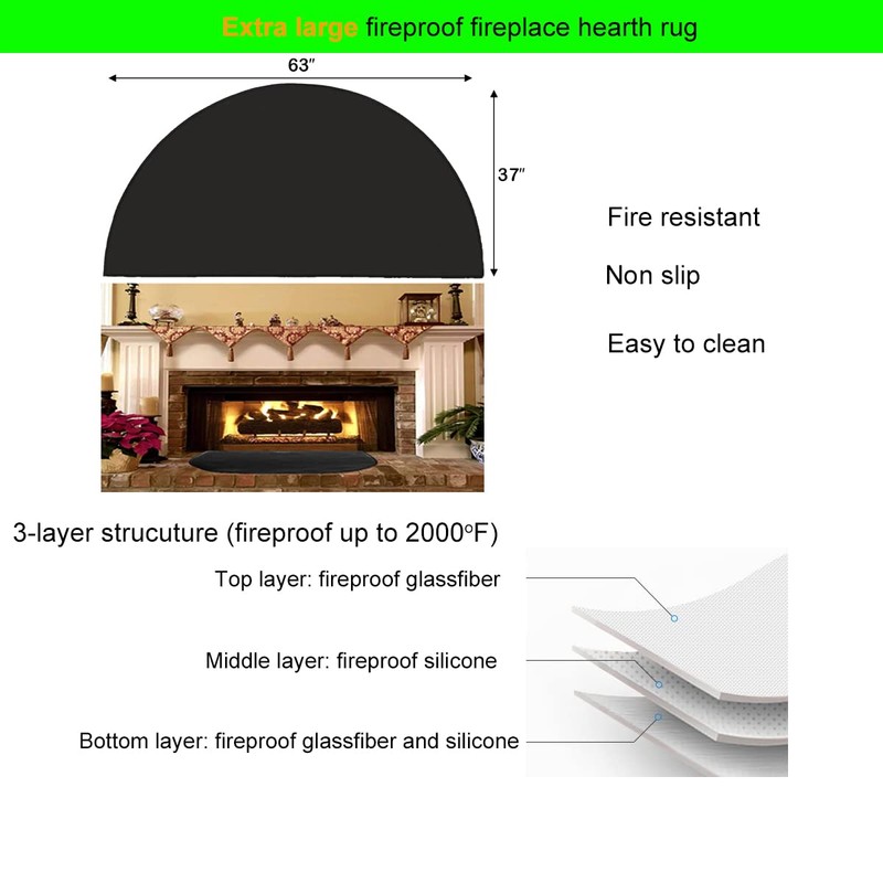63″x37″ Extra Large Half Round Fireproof Fireplace Mat Hearth Rug