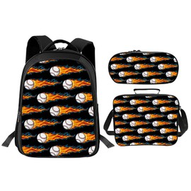Lovira Baseball Fire Backpack Sports Bookbag 17 Inches 3PCS Set with Lunch Box Pencil Case School Bag Daypack for Kids Boys Girls Students Teen Team