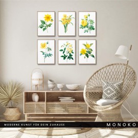 MONOKO® Living Room Poster Set - Bedroom Picture Set Premium - Stylish Wall Pictures - Set of 6 without Frame (Flowers, Yellow, Daffodil, 6 x A4 (21 x 29.7 cm))