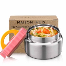 MAISON HUIS 8oz Soup Thermo Wide Mouth Vacuum Insulated Food Jar for Hot&Cold Food, Leak Proof Stainless Steel Kids Lunch Container for School Travel(Pink)
