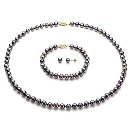 14K Yellow Gold 6-6.5mm Dyed-black Freshwater Cultured Pearl Strand Necklace, Bracelet and Stud Earrings Set