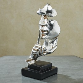 Keeping Secrets Abstract Table Sculpture | Metallic Antique Silver and Black Finish | Abstract Face Bust Statue Making a Hushing, Be Quiet Gesture with One Raised Finger | Modern Tabletop Sculpture