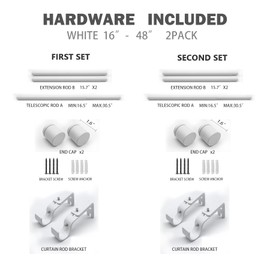 Curtain Rods for Windows 16 to 48 Inches, Adjustable Curtain Rod, 1 Inch Diameter Window Curtain Rod with Aluminium End Cap, Heavy Duty Sturdy Drapery Rods, White, 2Pack