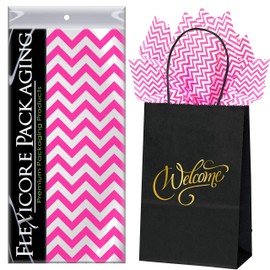 Flexicore Packaging Black Kraft Paper Welcome Bags & Hot Pink Gift Wrap Tissue Paper | Size: 5.25 Inch X 3.25 Inch X 8.25 Inch | Count: 5 Bags | Color: Hot Pink Chevron