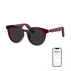 GetD Smart Sunglasses, Round Polarized Lens Bluetooth Glasses for Women/Men with Speaker, Music Glasses Audio (Red Frame+Grey Lens)