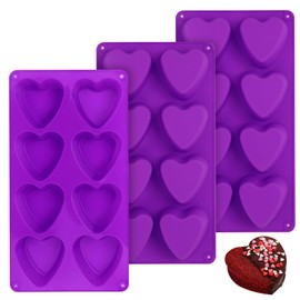 3 PCS Heart Shaped Silicone Molds 8 Cavities Heart Silicone Mold Baking Heart Muffin Pan Heart Shaped Mold Valentine Heart Silicone Mold for Making Chocolate, Candy, Soap and Jelly (Purple)