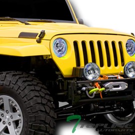 Topline_autopart Universal 7" Round Chrome Clear Housing DRL White LED Sealed Beam Halogen Headlights H4 Conversion Compatible With H6014 H6015 H6024