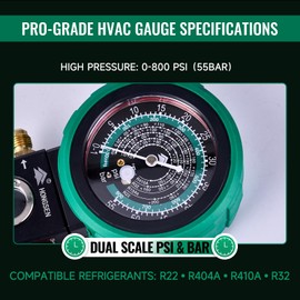 Hong Sen R410A, R32 Single AC Charging Gauge, 800 PSI High-Pressure HVAC Gauge with Brass Body, Foldable Hook, and Shock-Resistant Housing