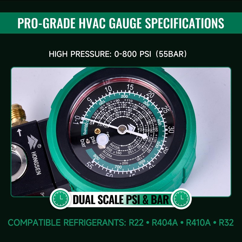 Hong Sen R410A, R32 Single AC Charging Gauge, 800 PSI