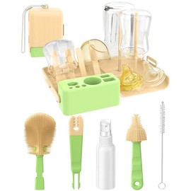 7 in 1 Baby Bottle Brush Set, BPA-Free Travel Bottle Cleaner Kit with U-Shaped Silicone/Nipple/Straw Brush, Portable Drying Rack, Soap Dispenser & Sto