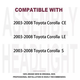 2PCS Headlight Assembly For 2003 2004 2005 2006 2007 2008 Toyota Corolla CE LE S Sedan Replacement Headlamps Chrome Housing Amber Reflector Driver and Passenger Side