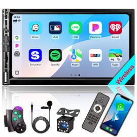 7“ Double DIN Car Stereo with Wireless Apple CarPlay Android Auto, Car Radio Bluetooth 5.2, IPS 1024 600 Touch Screen, Backup Camera, FM Radio, Subwoofer, USB,SWC, MIC, Car Audio Receiver,Car Play