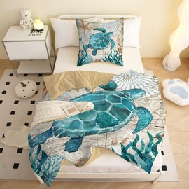 MUSOLEI Children's Bed Linen 140 x 200 cm Sea Turtle Bed Linen Children Boys Girls 3D Print Microfibre Duvet Cover and 1 Pillowcase 65 x 65 cm Bedding Set for Single Bed, Turtle
