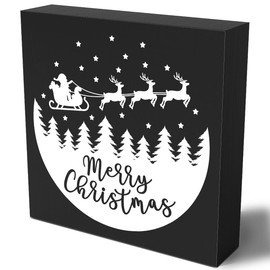 Funny Santa Claus Wooden Box Sign Plaque Merry Christmas Black Wood Box Sign Rustic Art Home Shelf Desk Decor 5 x 5 x 1 Inches