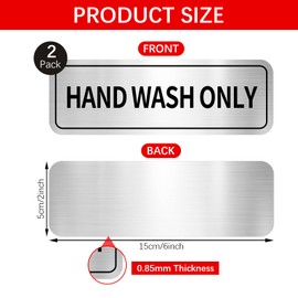 Acuxiaza 2 Pcs Hand Wash Only Sign 6 x 2 inch Self-Adhesive Kitchen Sink Sign Brushed Aluminum Metal Signs for Restaurants, Businesses, Bathroom, Restroom, Silver, Easy Installation, Waterproof